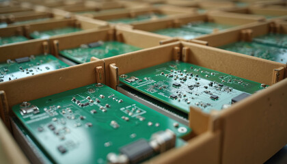 Green circuit boards arranged in cardboard packaging for shipment. Electronic components on PCB boards ready for assembly. High tech parts in warehouse storage.