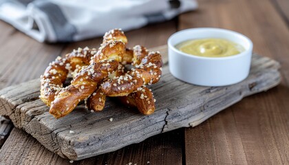 Fototapeta premium Close-up of freshly baked soft pretzels with coarse salt on a rustic wooden board, served alongside a small bowl of vibrant yellow mustard, creating a tempting and traditional snack or appetizer