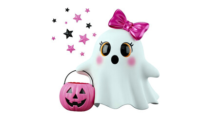 Obraz premium Cute Ghost with Pink Bow and Jack-o'-lantern Basket