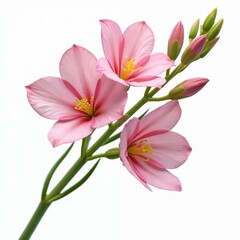 Fototapeta premium Pink freesia flowers with green stems and buds bloom against a clean white backdrop. Delicate petals show intricate detail and vibrant color contrast. Botanical elegance is presented.