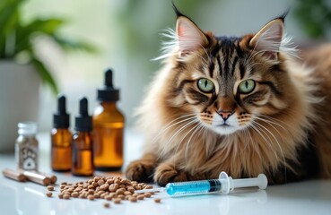 Fluffy Siberian cat with green eyes rests near medical supplies. Pills, liquid medicine bottles, and a syringe are arranged on a table in a clinic. Pet gets treatment for illness.