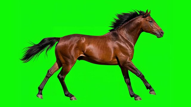 A brown morgan horse galloping isolated on a green screen, slow motion in a looping animation