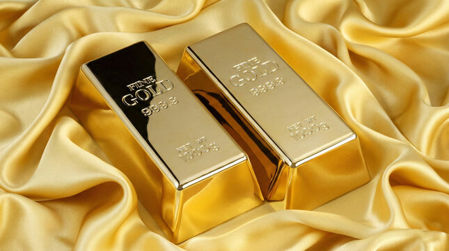 Two gold bars, "FINE GOLD 999.9," rest on wavy golden fabric.
