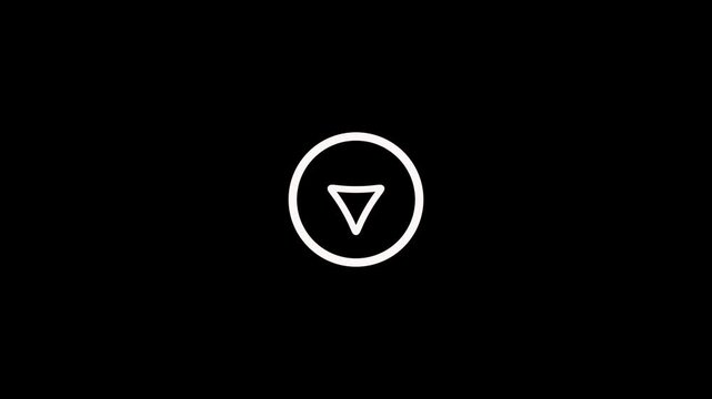 Simple white outline of a downward pointing triangle within a circle centered on a solid black background with a minimalist aesthetic and clean