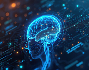 Abstract glowing human brain interface, neural network connections, circuit board patterns, digital health data visualization, medical tech concept.