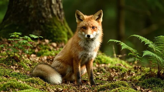 A vibrant red fox sits alertly on a mossy forest floor, surrounded by green foliage