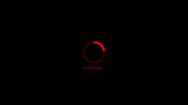 Red Loading Spinner Animation on a Dark Black Background with Text Indicating Progress and Waiting Time for Digital Interfaces and Web Applications Showing a Circular Progress Bar with a Segment of