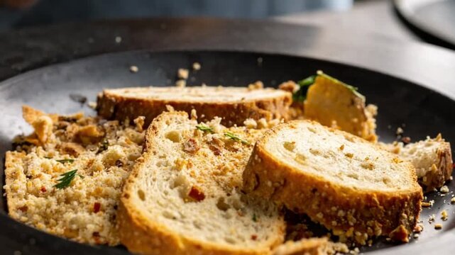 Rustic bread slices with savory herb and spice crumb topping on dark plate