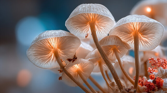 Cluster of white mushrooms with gills visible, illuminated from below.