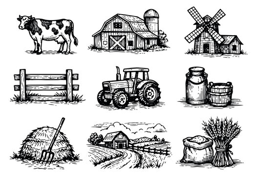 Hand drawn farm and agriculture set featuring a cow, barn, tractor, windmill, hay bale and wheat for farming and rural life