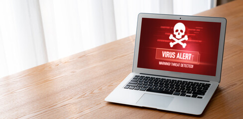 Virus warning alert on computer screen detected modish cyber threat , hacker, computer virus and malware