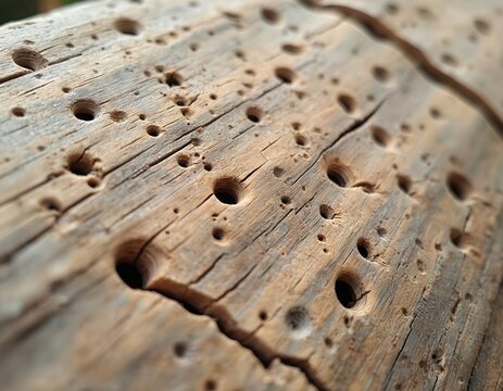 Close up of weathered wood surface, filled with many small holes created by insect borers. Texture reveals cracks and organic natural patterns. Wood grain shows detail.