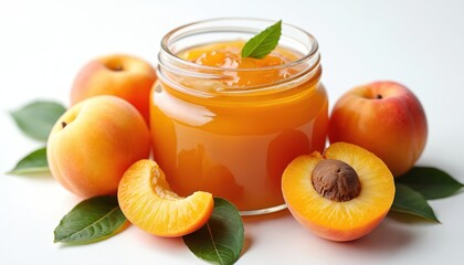 Jar of apricot jam with whole fruits and leaves. Fresh apricots and sweet preserve are on white surface. Ingredient for healthy breakfast or dessert, made with organic fruit.