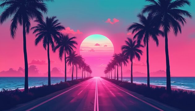 Tropical beach road leads to glowing sunset between palm trees. Ocean waves lap shore under vibrant pink and teal sky. Nostalgic 80s synthwave vibe, dreamlike atmosphere.