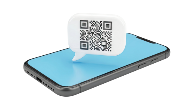 Smartphone displaying QR code in speech bubble - Powered by Adobe