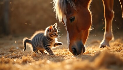 Tabby kitten playfully reaches out to large brown horse in sunlit hay field. Small cat and large equine have gentle interaction near barn. Cute pets bond in rural farm setting. Soft light.