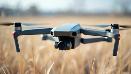 Modern grey drone with gimbal camera flies low over dry grass field. Quadcopter with spinning propellers prepares for aerial filming. Closeup of tech gadget in nature.