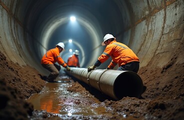 Fototapeta premium Construction workers install large pipe in underground tunnel. Men in hard hats and orange vests secure joint. They work on sewer system project in dirt and mud.