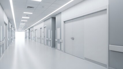 Modern hospital corridor with white doors and bright lighting, sterile medical facility