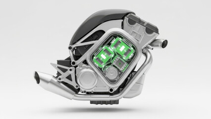 Modern Motorcycle Engine Cutaway with Green Internal Components