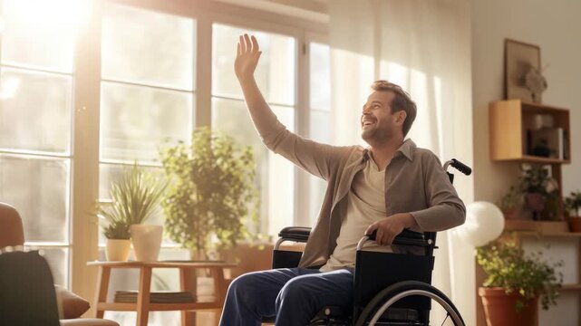 Happy Man in Wheelchair Waving and Smiling at Home