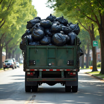 Garbage truck filled with black rubbish bags drives down tree-lined residential street. Waste collection vehicle moves through neighborhood performing sanitation services. Urban cleanup operation