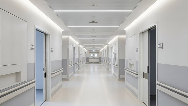Modern Hospital Corridor with Doors and Medical Equipment Lighting