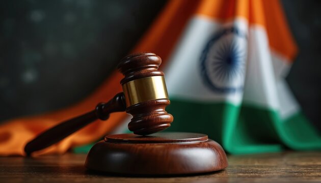 Wooden gavel rests on sound block before unfurled Indian flag. Symbol of law, justice, court, legal system and government in India. Authority judgement hammer, legal verdict.
