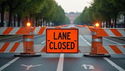 Orange sign on barrier indicates closed lane on city street. Traffic cones and lights warn drivers of ongoing road work construction ahead. Safety equipment blocks path, forcing detour.
