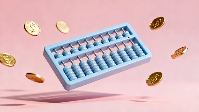 A blue abacus floats amidst golden coins against a soft pink background symbolizing finance and calculation.