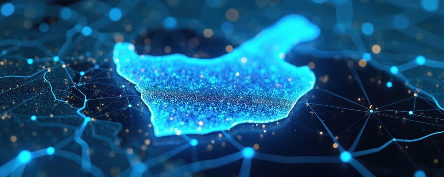 Digital map abstract illustration. Blue glowing lines and nodes show data network connectivity. Futuristic concept visualizes UAE smart city tech infrastructure.