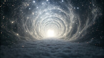 Fototapeta premium A mesmerizing tunnel of stars leading to a bright light, evoking feelings of wonder and exploration in a cosmic setting.