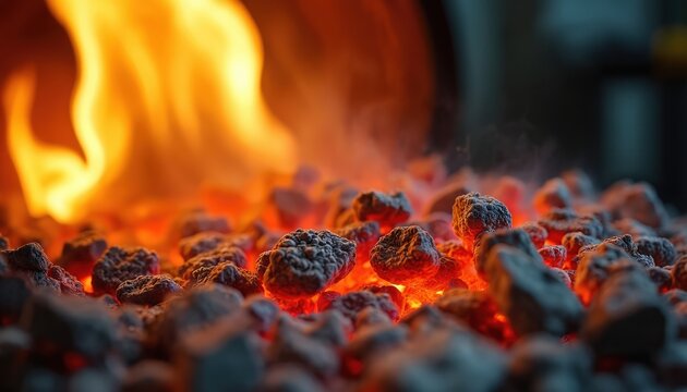Fiery orange flames rise above glowing hot coal pieces. Intense heat generated from burning organic material fuels industrial power. Steam drifts from hot coals in close-up view. - Powered by Adobe