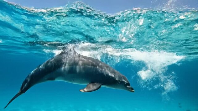 Dolphin underwater with showing dorsal fin.