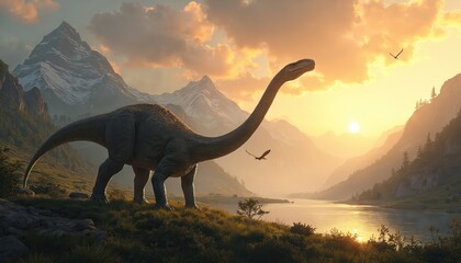 Giant long neck dinosaur walks on grassy hill near lake mountains. Birds fly in warm sunset sky over prehistoric landscape. Ancient wild nature scene. © miss irine