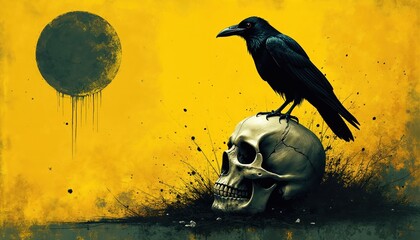 Black raven sits on human skull against stark yellow background. Dark textured circle looms above, dripping shadows. Stark grunge art symbolizes mortality and mystery. Creative graphic design concept.