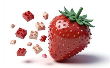 Fototapeta premium Strawberry made of LEGO bricks, surrounded by floating red and beige blocks on white background.
