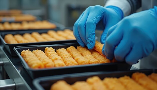 Blue gloved hands place breaded fish sticks into black trays on a food production line. Workers handle seafood for consumer meal prep. Items ready for packaging.