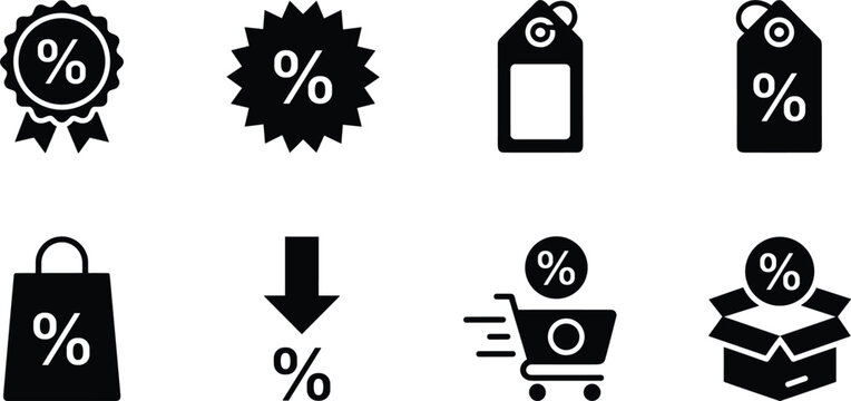 Black shopping discount icon set featuring percentage tags labels shopping bags and delivery carts for retail sale promotions.