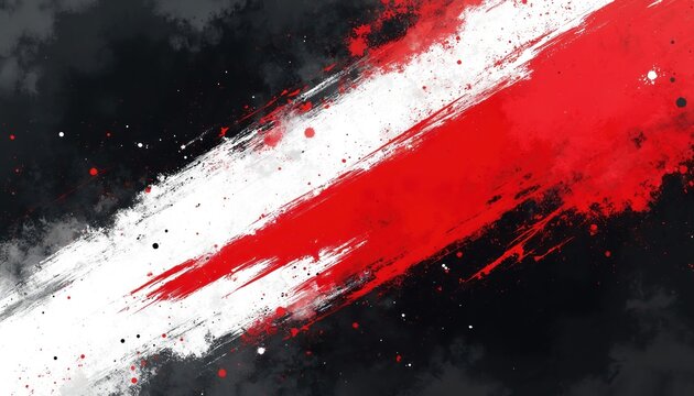Bold abstract background with diagonal red and white brush strokes on black canvas. Dynamic paint splatters and streaks convey movement, energy, and speed, great for sports or modern graphic design.