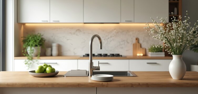 Modern kitchen with white cabinets and wooden countertop. Sink with chrome faucet, green apples in bowl, stacks of plates. Interior design, decor, home, domestic living.