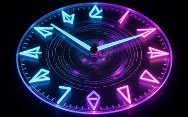 Neon clock face glowing blue and pink, futuristic design on dark background.