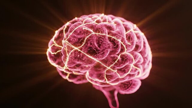 Glowing brain with electric activity and heartbeat waveform display