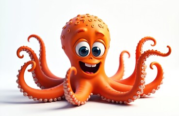 Funny cartoon octopus character smiles widely waving its eight tentacles. This playful orange sea creature looks happy against a white background, perfect for kids content and ocean themes.