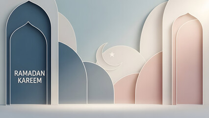 Decorative Ramadan Kareem Greeting Card with Crescent Moon and Arch Shapes