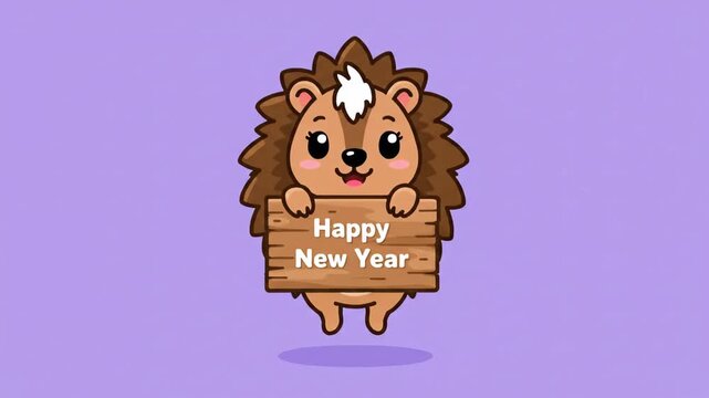 Cute kawaii hedgehog holding a wooden sign with Happy New Year text on a purple background. Adorable cartoon animal illustration for festive greeting cards and holiday social media posts.