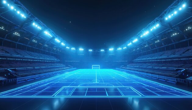 Futuristic stadium rendered with glowing blue lines on field and tiered seating. Bright stadium lights illuminate dark arena. Digital wireframe sports venue.