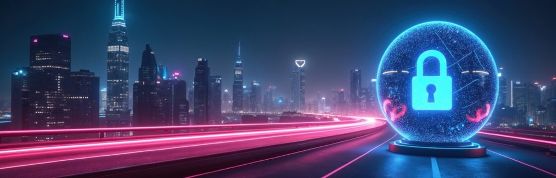 Digital padlock glows on highway at night city skyline. Futuristic concept of cybersecurity, data protection for business, industry. AI systems ensure safety, privacy in modern urban environment. - Powered by Adobe