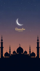 Silhouette of a Mosque with Crescent Moon and Stars in the Night Sky for Ramadan Celebration