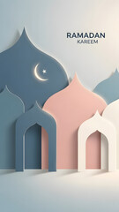 Abstract Ramadan Kareem Greeting Card with Islamic Architecture and Crescent Moon